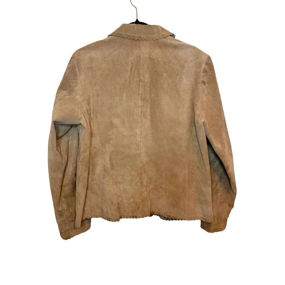 Coldwater Creek Womens L Tan Suede Leather Scalloped Blazer Jacket Boho Western - Picture 7 of 8